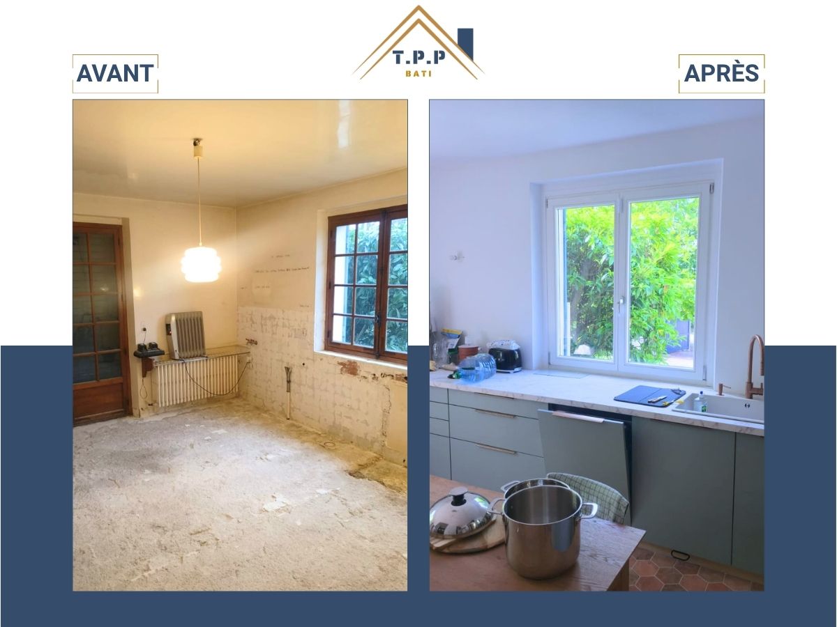 Avant après rénovation cuisine vue évier et meubles verts plan de travail par T.P.P Bati, entreprise rénovation 94