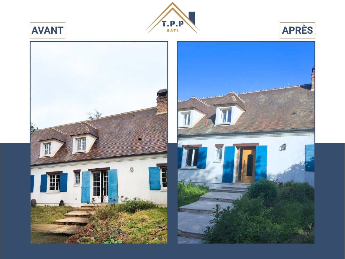 Avant après rénovation façade extérieure maison avec toiture et volets bleus par T.P.P Bati, entreprise tous corps d'état 94