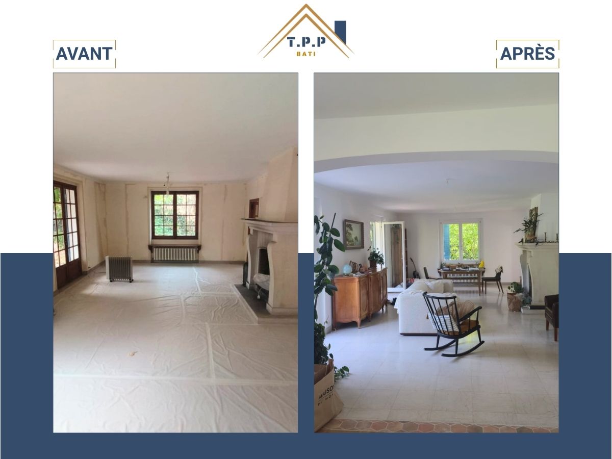 Avant après rénovation peinture salon maison avec cheminée par T.P.P Bati, entreprise tous corps d'état Val-de-Marne 94