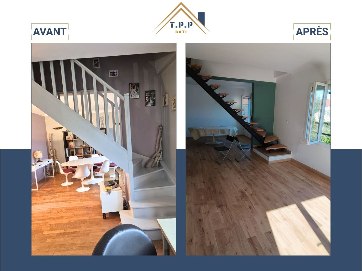 Avant après rénovation pièce à vivre remplacement escalier bois par escalier métallique et pose parquet par T.P.P Bati, artisan tous corps d'état Val-de-Marne 94