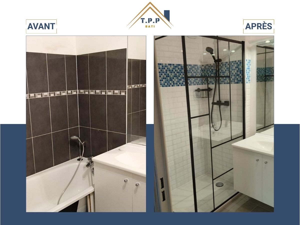 Avant après rénovation salle de bain remplacement baignoire par douche italienne carrelage métro par T.P.P Bati, artisan 94