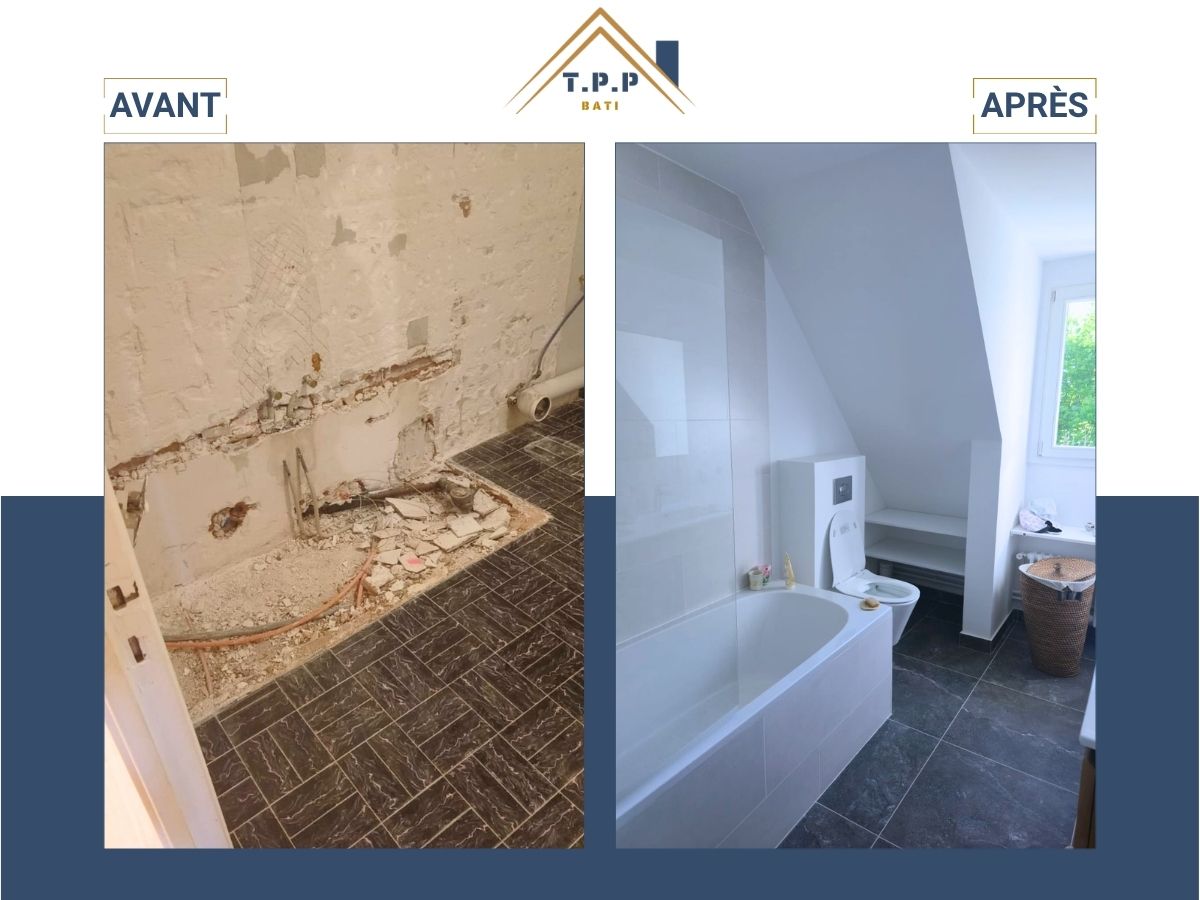 Avant après rénovation complète salle de bain pose baignoire et toilettes par T.P.P Bati, entreprise tous corps d'état 94