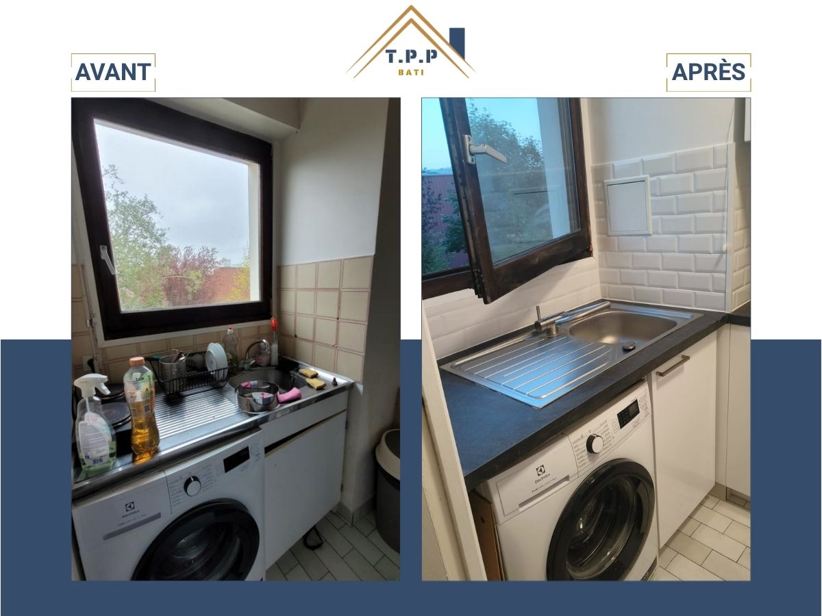 Avant après rénovation cuisine pose évier crédence métro et intégration lave-linge par T.P.P Bati, artisan tous corps d'état Val-de-Marne 94