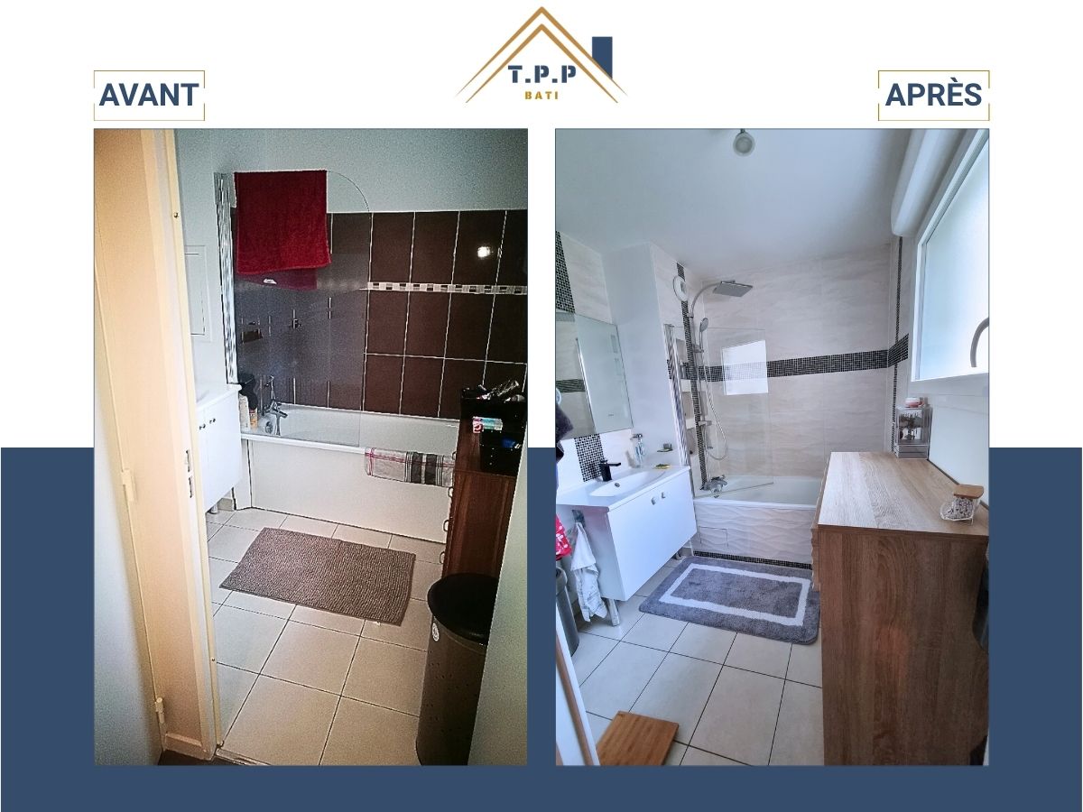 Avant après rénovation salle de bain baignoire et pose meuble bois et nouveau carrelage par T.P.P Bati, artisan Val-de-Marne 94