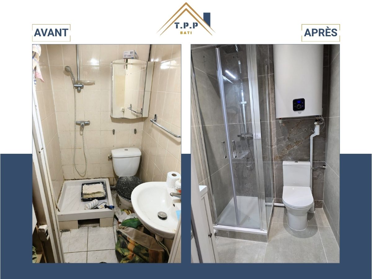vant après rénovation complète salle d'eau avec cabine douche et carrelage gris par T.P.P Bati, entreprise tous corps d'état Val-de-Marne 94