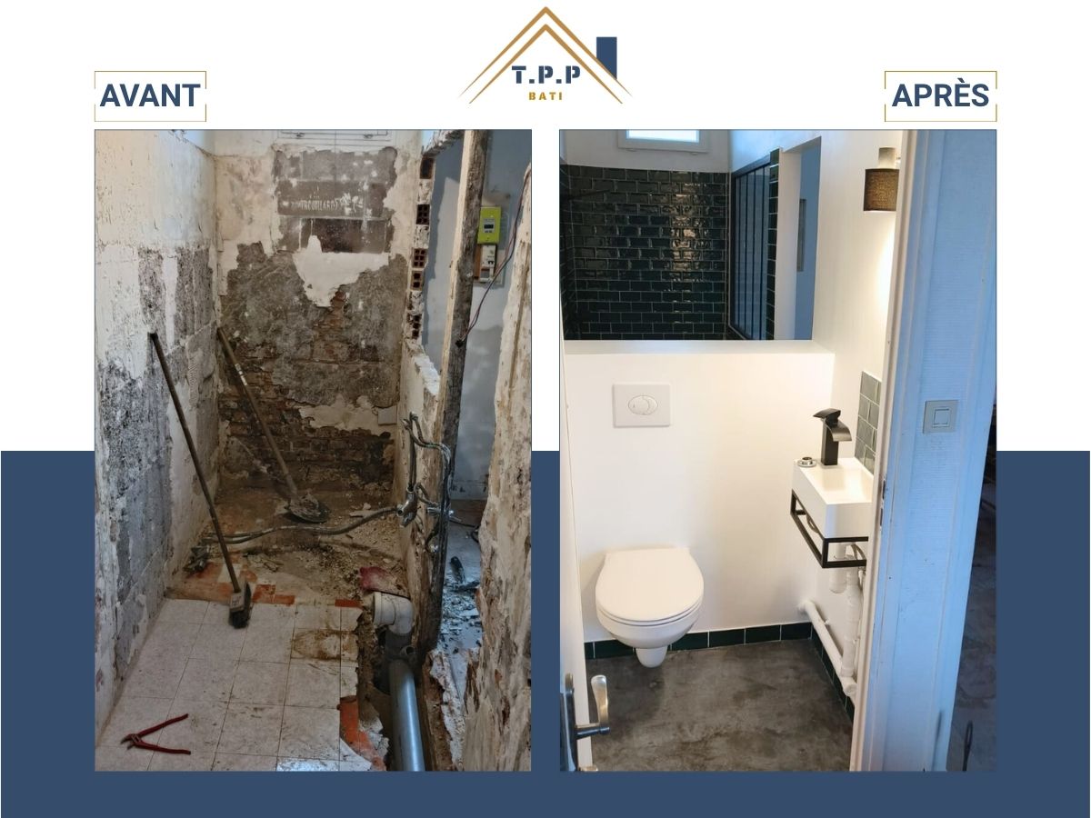 Avant après rénovation toilettes WC suspendu carrelage métro noir et lave-mains par T.P.P Bati, artisan tous corps d'état Val-de-Marne 94
