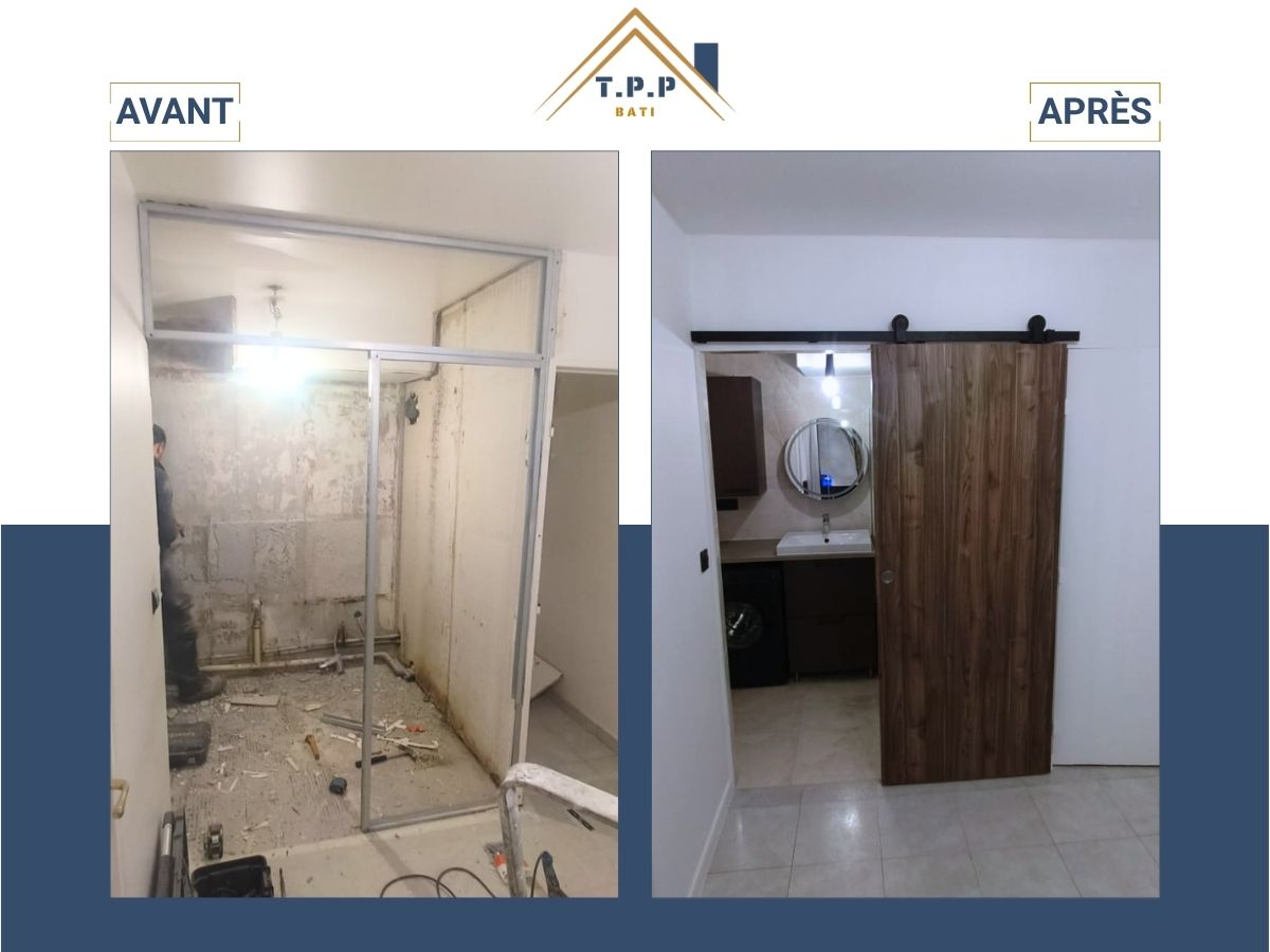 Avant après rénovation salle d'eau avec pose porte coulissante bois par T.P.P Bati, entreprise tous corps d'état Val-de-Marne 94