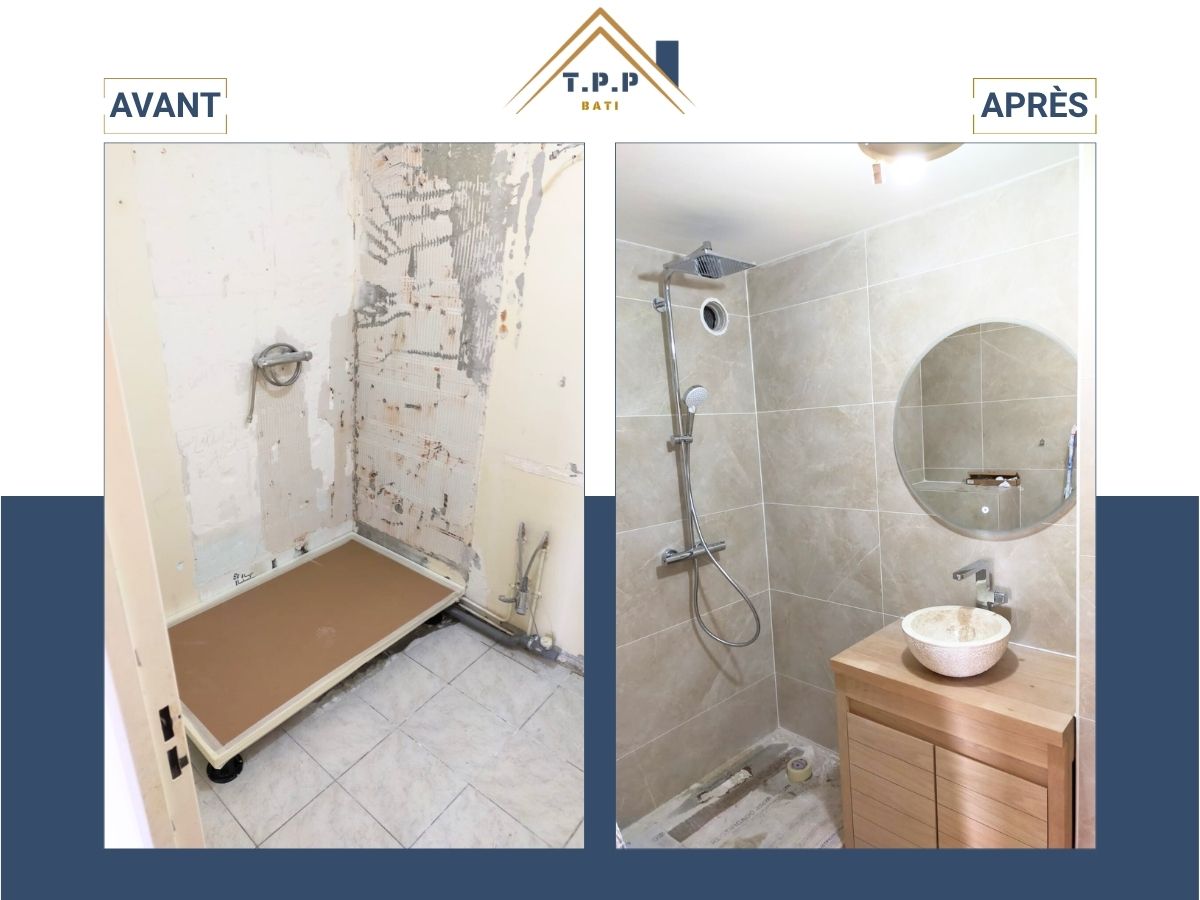 Avant après rénovation salle d'eau avec douche encastrée vasque ronde et meuble bois par T.P.P Bati, artisan Val-de-Marne 94