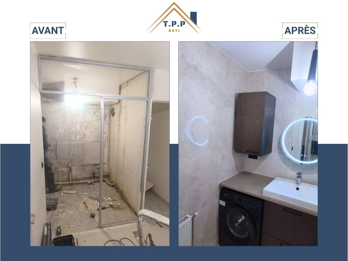 Avant après rénovation complète salle d'eau pose carrelage vasque miroir LED et lave-linge par T.P.P Bati, artisan Val-de-Marne 94