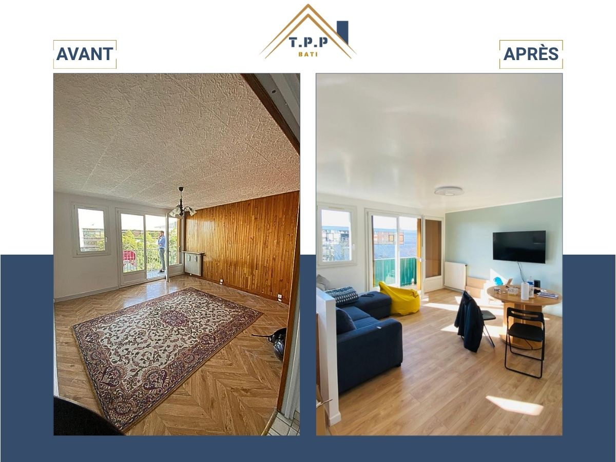 Avant après rénovation salon appartement peinture suppression lambris et pose parquet à Créteil par T.P.P Bati, entreprise tous corps d'état Val-de-Marne 94