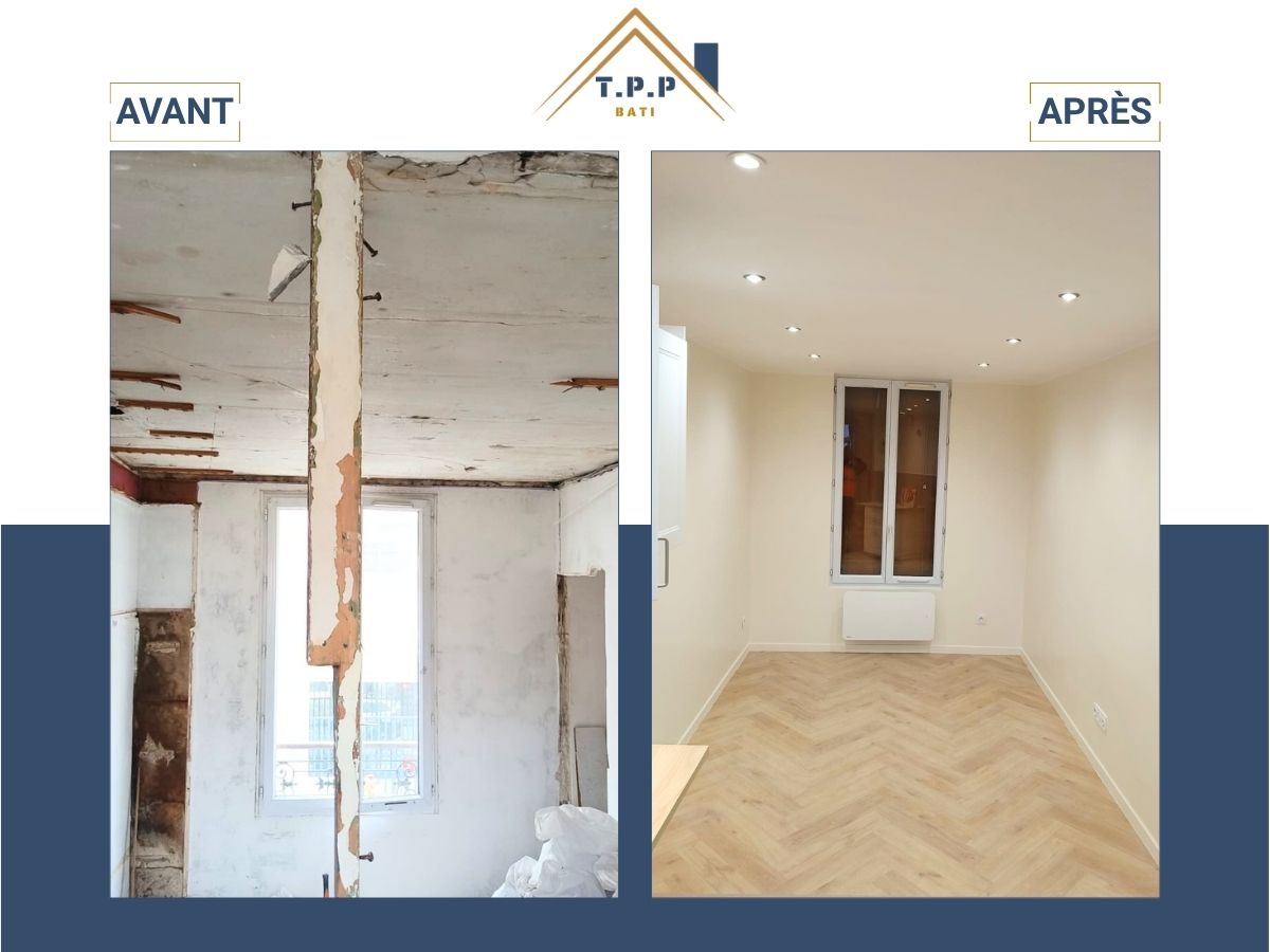 Avant après rénovation complète salon gros travaux pose parquet chevron et spots encastrés par T.P.P Bati, tous corps d'état 94
