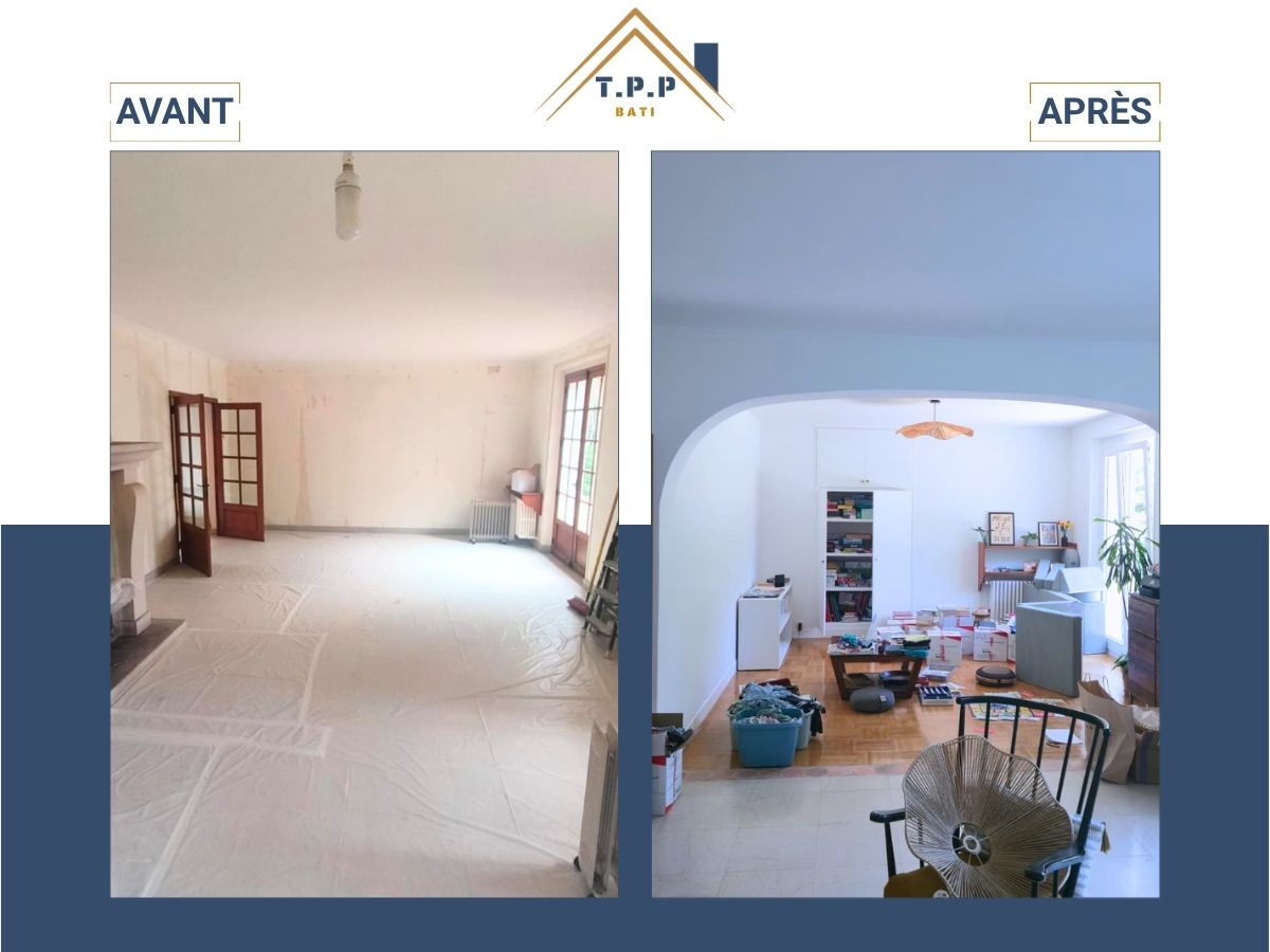 Avant après rénovation séjour peinture intérieure et création arche décorative par T.P.P Bati, entreprise tous corps d'état 94