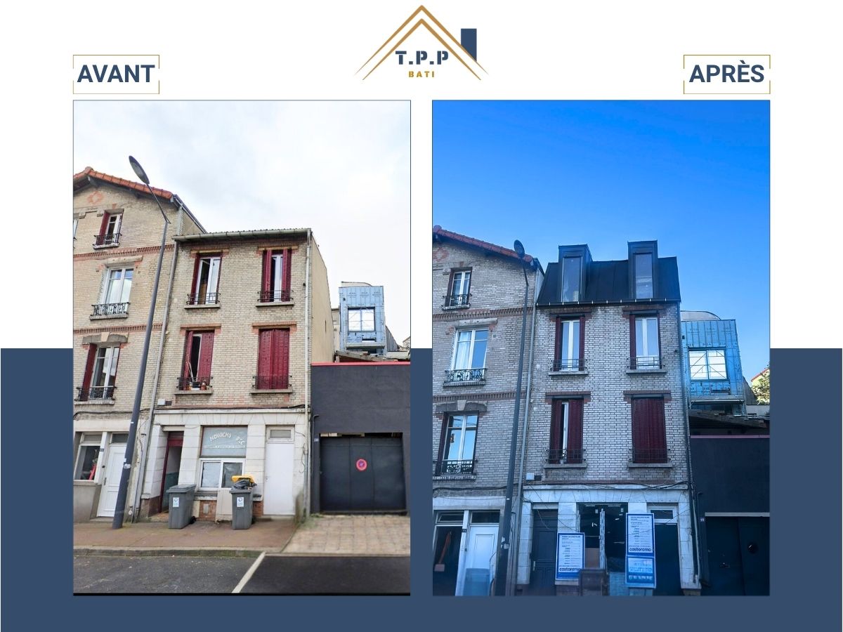 Avant après rénovation surélévation habitation vue façade par T.P.P Bati, entreprise tous corps d'état Val-de-Marne 94