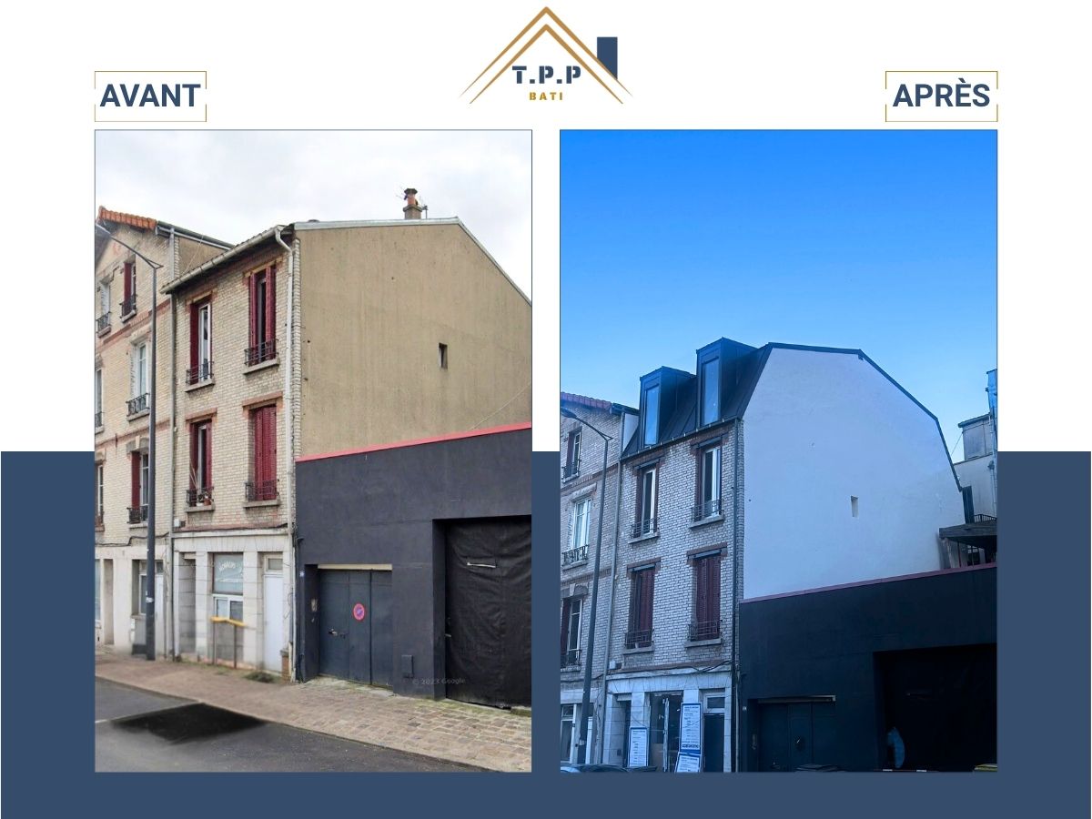 Avant après rénovation surélévation habitation vue profil par T.P.P Bati, artisan rénovation Val-de-Marne 94