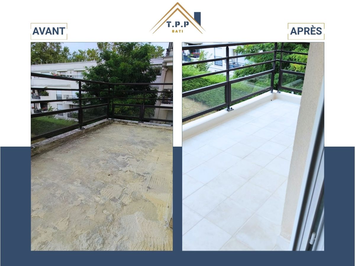 Avant après rénovation terrasse avec pose carrelage à Paris 16ème par T.P.P Bati, entreprise tous corps d'état 94