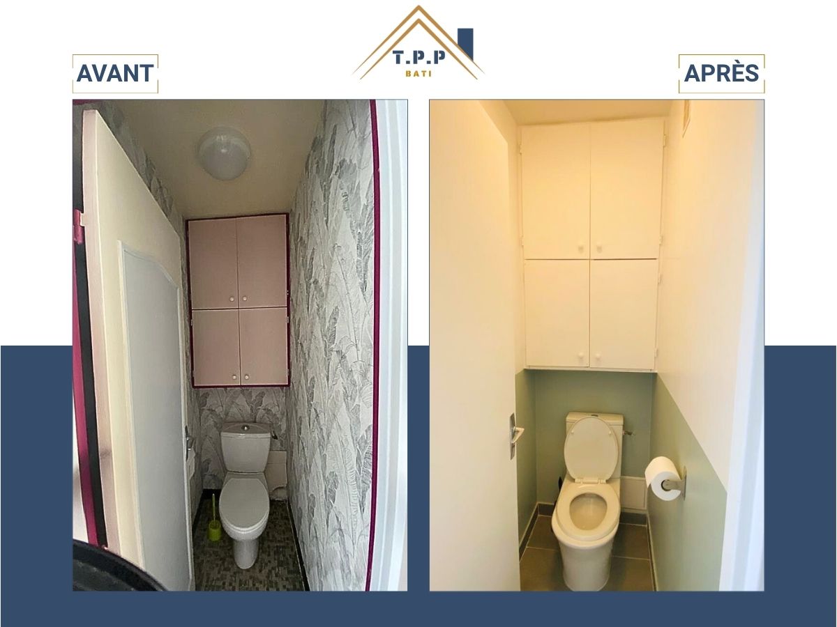 Avant après rénovation toilettes peinture et pose meuble rangement sur mesure par T.P.P Bati, artisan tous corps d'état Val-de-Marne 94