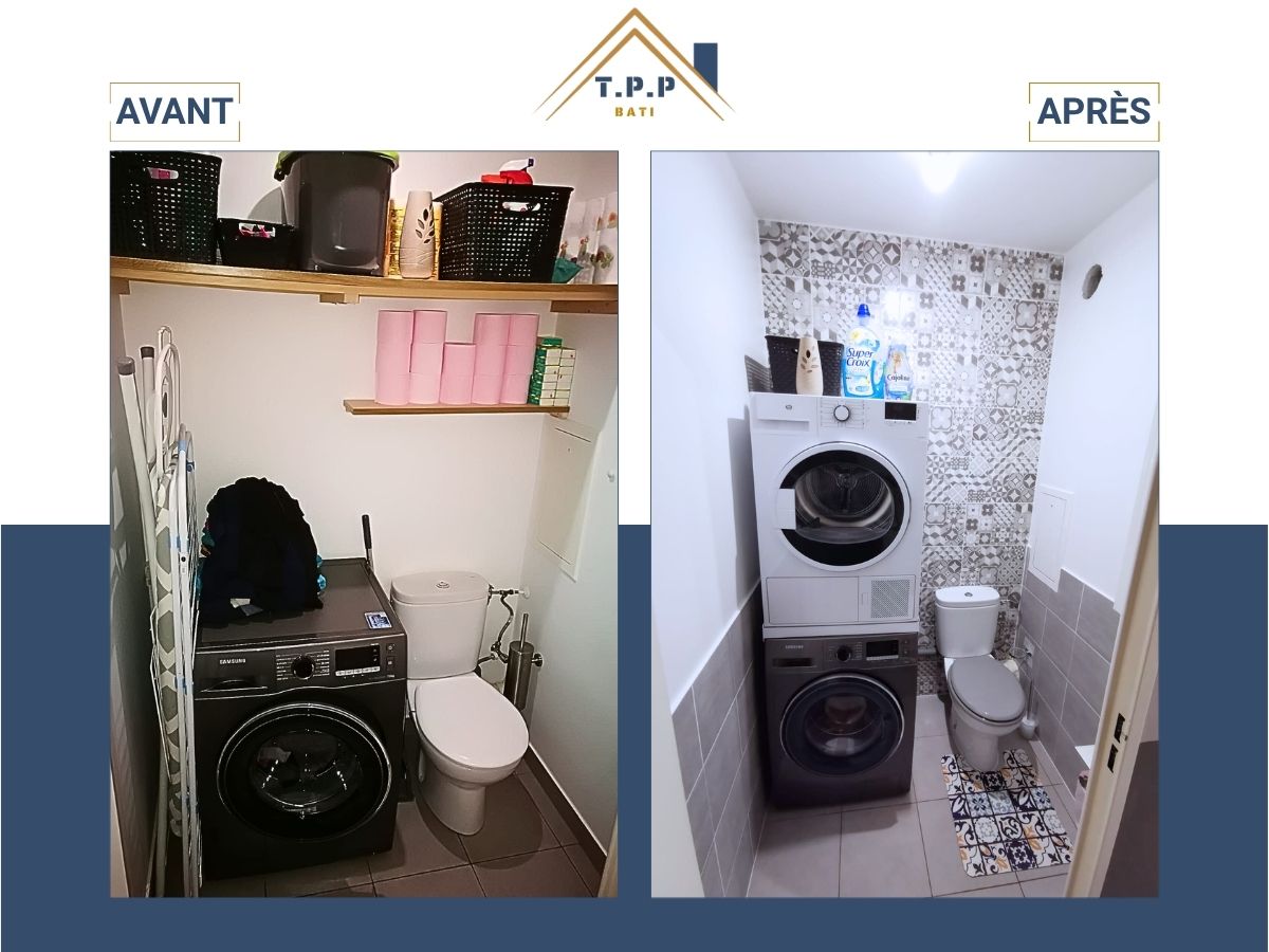 Avant après rénovation toilettes buanderie avec pose carrelage zelliges et colonne lave-linge sèche-linge par T.P.P Bati, artisan tous corps d'état Val-de-Marne 94