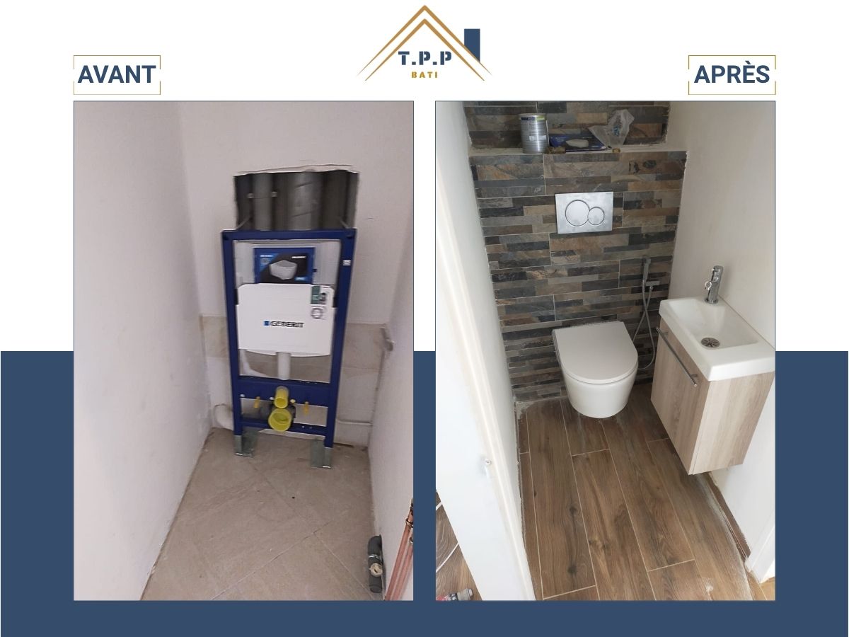 Avant après rénovation toilettes avec pose WC suspendu carrelage pierre et lave-mains par T.P.P Bati, artisan tous corps d'état Val-de-Marne 94