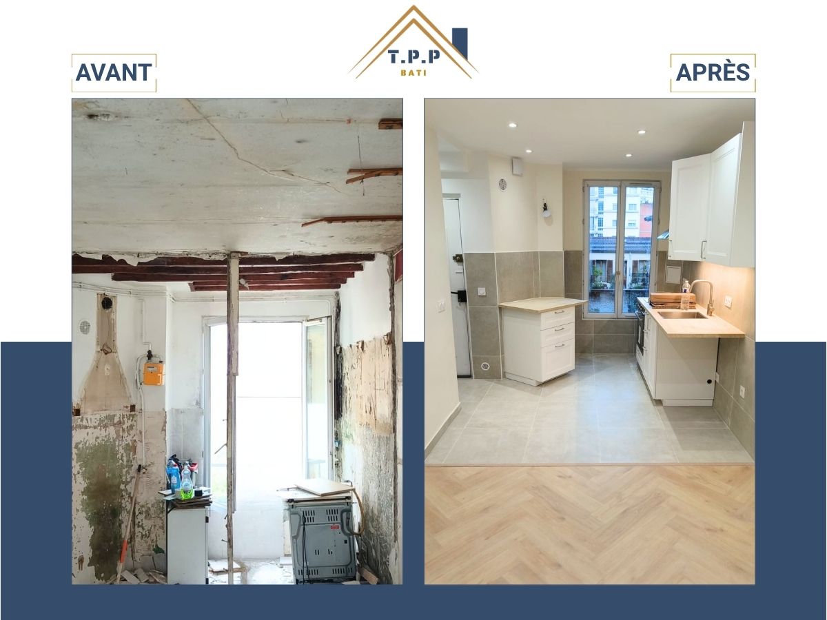 Avant après rénovation totale cuisine avec meubles blancs îlot central et parquet chevron par T.P.P Bati, artisan 94