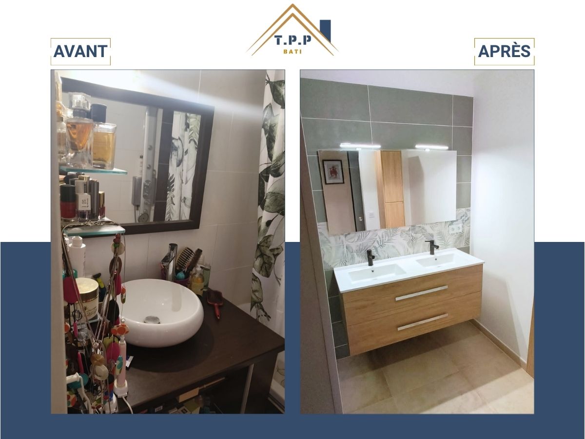 Avant après rénovation totale salle d'eau double vasque meuble bois suspendu à Vincennes par T.P.P Bati, artisan Val-de-Marne 94
