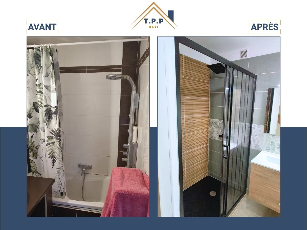 Avant après rénovation salle de bain en salle d'eau avec douche italienne à Vincennes par T.P.P Bati, artisan 94