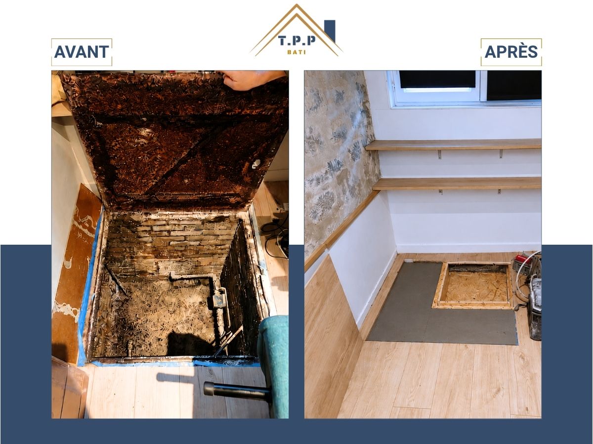 Avant après traitement fosse et remise en état sol parquet par T.P.P Bati, artisan tous corps d'état Val-de-Marne 94