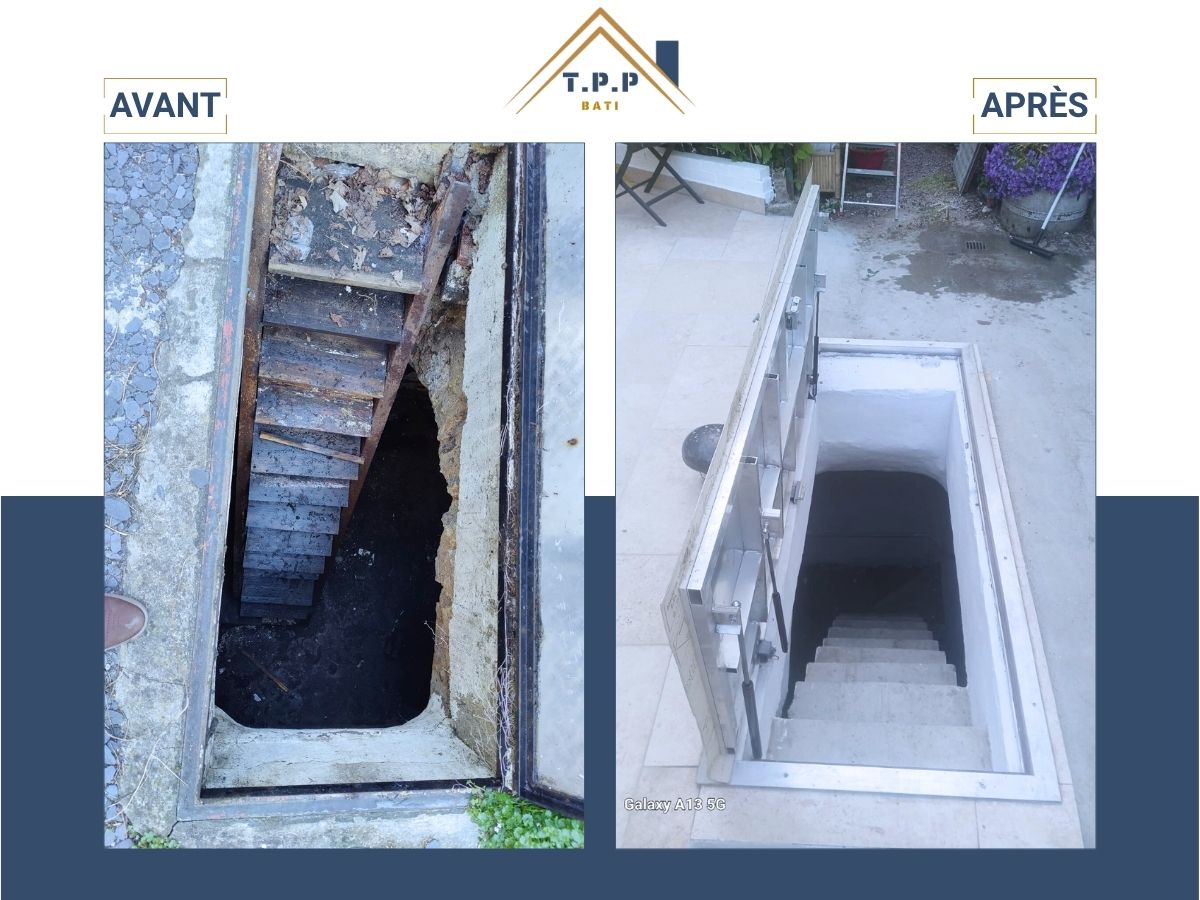 Avant après rénovation trappe d'accès extérieure sous-sol avec escalier et rambarde inox par T.P.P Bati, artisan tous corps d'état Val-de-Marne 94