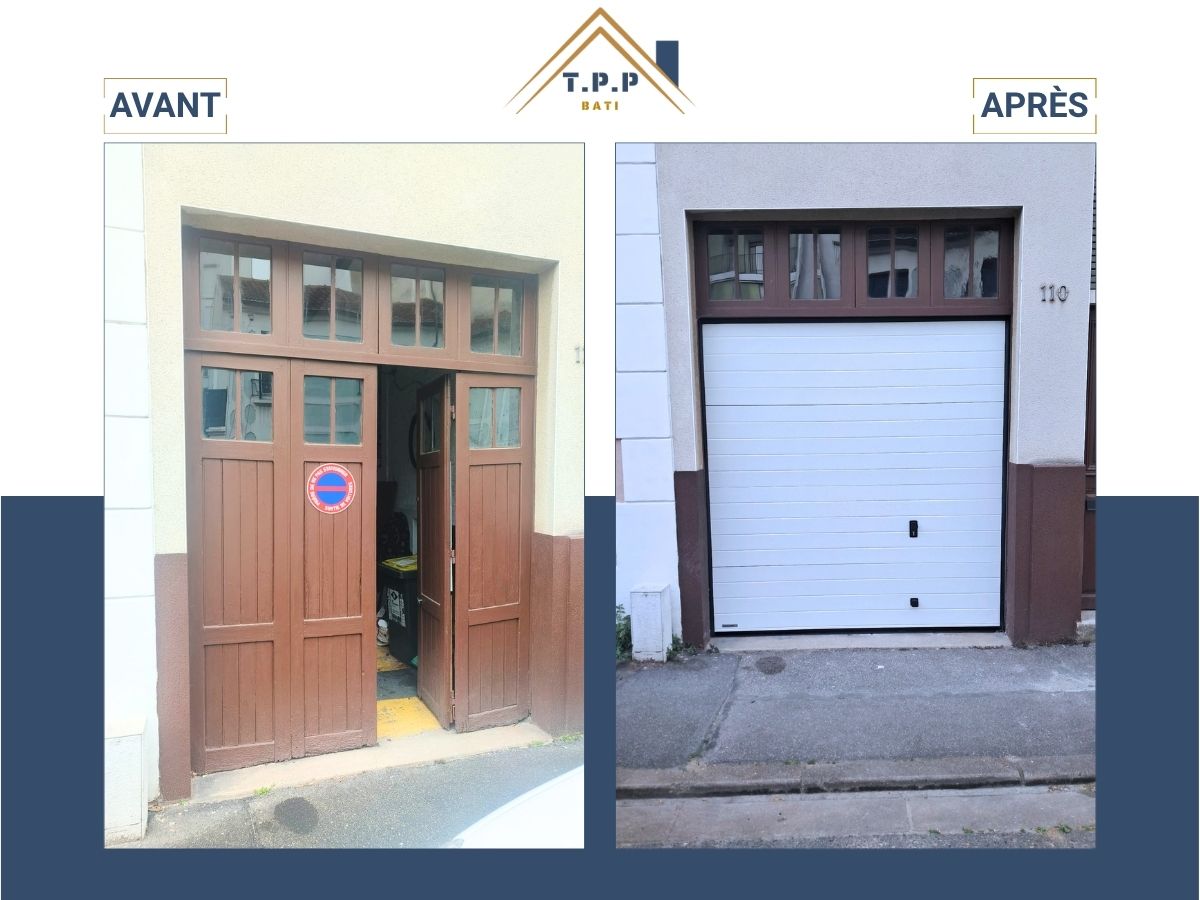 Avant après remplacement porte de garage T.P.P Bati, artisan tous corps d'état Val-de-Marne 94