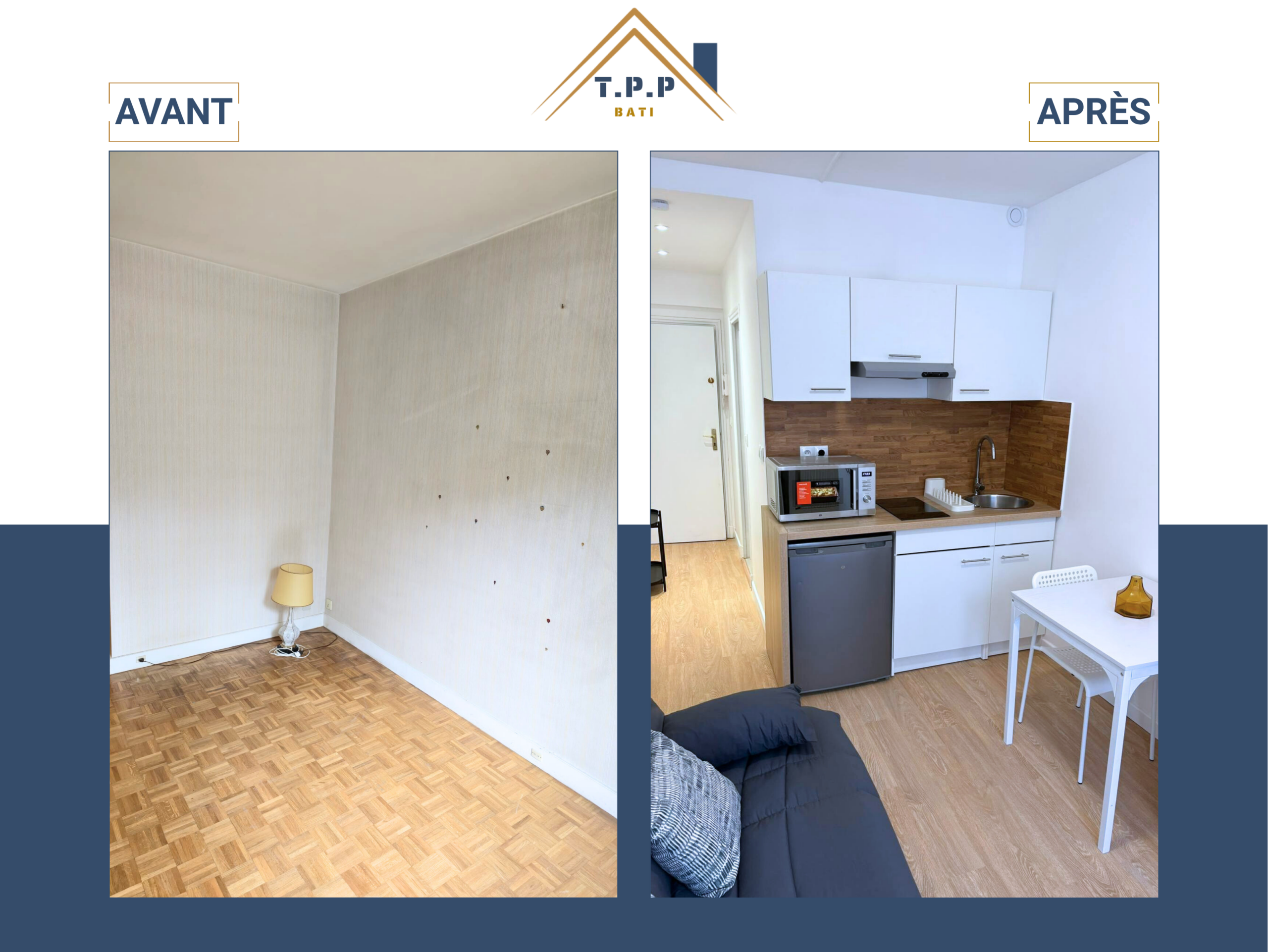 Avant après rénovation cuisine et pièce à vivre avec pose parquet par T.P.P Bati, entreprise tous corps d'état Val-de-Marne 94